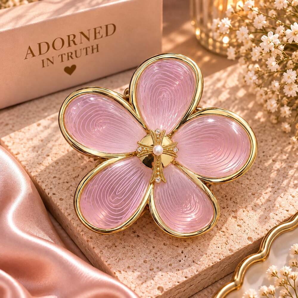 Soft Girl Coquette Light Pink Flower Claw Clip Gold Trim
